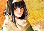  1girl adooble black_hair brown_hairband brown_scarf commentary faux_traditional_media hairband highres long_bangs long_hair portrait red_eyes scarf signature smile solo spy_x_family yor_briar 
