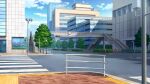  blue_sky bridge building city clouds crosswalk day film_grain game_cg izumi_tsubasu lamppost no_humans non-web_source official_art outdoors railing re:stage! road road_sign scenery sign sky stairs street traffic_light 