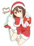  1girl black_hair boots christmas gift_bag hat inaba_himeko kokoro_connect kuroeri_(primelo) looking_at_viewer merry_christmas red_footwear sack santa_boots santa_costume santa_hat 