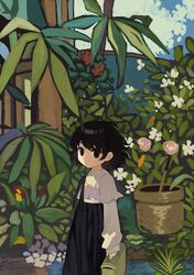  1girl absurdres black_eyes black_hair black_skirt haru_(ririne9999rine) highres long_sleeves original outdoors plant potted_plant shirt skirt solo white_shirt 