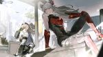  2girls arm_support arm_up bird blue_eyes bokyo box breasts carrying charolic_(girls&#039;_frontline_2) cityscape floating_hair girls&#039;_frontline_2:_exilium girls_frontline grey_hair gun gun_sling hand_on_own_knee holding holding_box long_hair looking_to_the_side machine_gun multiple_girls parted_lips peritya_(girls&#039;_frontline_2) pkp_pecheneg red_eyes sitting tree weapon 