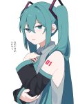  1girl bentou_(bentou_1) blue_eyes collared_shirt commentary detached_sleeves hair_ornament hair_over_shoulder hatsune_miku highres jitome long_hair long_sleeves looking_at_viewer necktie open_mouth shirt sleeveless sleeveless_shirt solo translated twintails upper_body very_long_hair vocaloid 