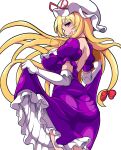  1girl ass backless_dress backless_outfit blonde_hair breasts clothes_lift dress dress_lift elbow_gloves from_behind gloves highres long_hair looking_at_viewer looking_back nioti purple_dress solo touhou very_long_hair violet_eyes white_background white_gloves white_headwear yakumo_yukari 