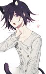 1boy :o animal_ear_fluff animal_ears artist_name buttons cat_boy cat_ears cat_tail chifurin danganronpa_(series) danganronpa_v3:_killing_harmony double-breasted grey_jacket highres jacket long_neck looking_at_viewer no_scarf oma_kokichi pink_eyes short_hair simple_background solo tail teeth tongue white_background 