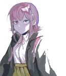  1girl black_jacket brown_hair brown_skirt closed_mouth collared_shirt danganronpa_(series) danganronpa_2:_goodbye_despair highres hood hood_down hooded_jacket jacket medium_hair nanami_chiaki neck_ribbon open_clothes open_jacket pink_eyes pink_ribbon pleated_skirt ribbon saki_(sa_saki414) shirt simple_background skirt smile solo spaceship_hair_ornament two-tone_shirt white_background white_shirt 