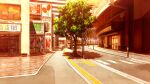  ad banner brick building city clouds crosswalk evening film_grain game_cg izumi_tsubasu lamppost no_humans non-web_source official_art orange_sky outdoors plant potted_plant re:stage! road scenery sky storefront street tree 
