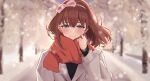  1girl absurdres black_shirt blurry blurry_background blush bow_hairband brown_hair coat depth_of_field hairband highres idolmaster idolmaster_cinderella_girls koyama_hiyu looking_at_viewer outdoors pink_hairband red_scarf sakuma_mayu scarf shirt smile snow snowing solo tree upper_body white_coat 