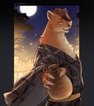 1boy 7th_art_forge absurdres animal_ears bottle claws english_commentary full_moon furry furry_male genshin_impact highres japanese_clothes kamai_kenji kamaitachi_boy kamaitachi_ears kimono lantern looking_at_viewer male_focus moon night night_sky open_mouth paper_lantern sake_bottle sky tree twitter_username weasel_boy weasel_ears yellow_eyes yukata