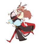  1boy 1girl brown_hair carrying facial_mark fate/grand_order fate_(series) forehead_mark ganesha_(fate) glasses hair_over_one_eye highres hood hooded_coat jinako_carigiri karna_(fate) karna_(santa)_(fate) piggyback reindeer_hat rokkasana running sparkle white_background white_hair 