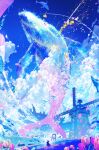  1girl blue_sky building canvas_(object) clouds day dress fish flower highres makoron117117 original outdoors scenery sky solo tulip water whale windmill 