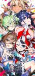  5girls :d absurdres animal_ears black_hair blonde_hair blue_eyes blue_hair brown_eyes brown_hair ceres_fauna confetti double_v green_hair grin hakos_baelz hand_on_another&#039;s_back highres holocouncil hololive hololive_english looking_at_viewer mika_pikazo mouse_ears multicolored_hair multiple_girls nanashi_mumei one_eye_closed orange_eyes ouro_kronii outstretched_hand redhead smile tsukumo_sana v white_background white_hair yellow_eyes 