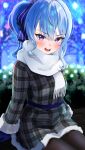  1girl absurdres blue_eyes blue_hair blurry blurry_background blush bow bush dress frown fur-trimmed_dress fur-trimmed_sleeves fur_trim gloves hair_bow highres hololive hoshimachi_suisei long_hair looking_at_viewer mogmog_megmog open_mouth outdoors pantyhose plaid plaid_dress ponytail scarf sitting solo star_(symbol) star_in_eye striped striped_bow symbol_in_eye virtual_youtuber 