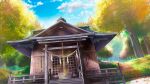  architecture blue_sky box clouds day donation_box dutch_angle east_asian_architecture film_grain game_cg grass izumi_tsubasu no_humans non-web_source official_art outdoors re:stage! rope scenery shrine sky stairs tree 