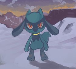  absurdres arms_at_sides buraisu12 closed_mouth dusk full_body highres looking_ahead looking_at_viewer no_humans orange_eyes orange_sky outdoors pokemon pokemon_(creature) riolu shadow sky snow solo standing 