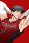  1boy armpits arms_behind_head basketball_jersey basketball_uniform black_eyes black_hair garbage_time highres jeon_youngjoong jidesuka2ma looking_to_the_side male_focus parted_lips red_background red_tank_top short_hair simple_background solo sportswear tank_top toned toned_male upper_body 