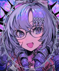  1girl absurdres bow drill_hair glasses grey-framed_eyewear hair_bow highres hyakumantenbara_salome hyakumantenbara_salome_(2nd_costume) long_hair momae_makku nijisanji open_mouth pink_bow purple_hair smile solo violet_eyes virtual_youtuber 