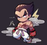  1boy abs arms_at_sides black_eyes black_hair chibi clenched_hands closed_mouth clouds full_body gloves grey_background heterochromia kotorai lightning_bolt_symbol looking_at_viewer male_focus mishima_kazuya navel no_nose pants red_eyes red_gloves scar scar_on_arm scar_on_chest solo studded_gloves tekken thick_eyebrows topless_male translation_request v-shaped_eyebrows white_pants 