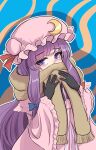  1girl black_gloves blue_background brown_scarf crescent crescent_hat_ornament dress gloves hat_ornament highres looking_at_viewer namiki_(remiter00) orange_background patchouli_knowledge purple_dress purple_hair purple_headwear scarf scarf_over_mouth solo touhou two-tone_background violet_eyes wavy_background 