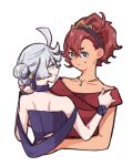 2girls ahoge bare_shoulders black_hairband blue_choker blue_dres blue_eyes choker dancing dress formal grey_hair gundam gundam_suisei_no_majo hair_between_eyes hair_ornament hair_up hairband hairpin hand_on_another&#039;s_back holding_hands jewelry looking_at_another miorine_rembran multiple_girls necklace nervous official_alternate_costume official_alternate_hairstyle red_dress redhead suletta_mercury sweatdrop tiara upper_body vt104k white_background yuri
