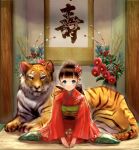  1girl animal blue_eyes blush bow brown_hair chinese_zodiac flower hair_bun hair_ornament highres ilikegoya indoors japanese_clothes kanzashi kimono long_sleeves looking_at_viewer new_year on_floor original sitting smile solo tiger wide_sleeves year_of_the_tiger 