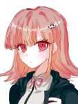  1girl black_jacket brown_hair chxxse_3 danganronpa_(series) danganronpa_2:_goodbye_despair frown galaga hand_up hood hood_down hooded_jacket jacket nanami_chiaki neck_ribbon open_clothes open_jacket pink_ribbon red_eyes ribbon simple_background solo spaceship_hair_ornament two-tone_shirt white_background 