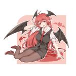  1girl :o absurdres ahoge arm_support bat_(animal) bat_wings black_pantyhose black_skirt black_vest blush breasts caris_06 collarbone collared_shirt dot_nose dress_shirt hair_between_eyes hand_in_own_hair head_wings high_heels highres koakuma long_hair looking_at_viewer medium_breasts necktie open_mouth outline pantyhose pointy_ears puffy_short_sleeves puffy_sleeves red_eyes red_footwear red_necktie redhead shirt short_sleeves simple_background sitting skirt skirt_set teeth touhou upper_teeth_only very_long_hair vest white_background white_outline white_shirt wings yokozuwari 