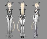  1girl android animal_ears blonde_hair cat_ears cat_tail commentary from_behind full_body grey_background halo highres joints long_hair looking_at_viewer multiple_views nininio original own_hands_together robot_joints standing symbol-only_commentary tail yellow_eyes 