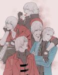  5boys black_gloves blue_eyes coat dante_(devil_may_cry) devil_may_cry_(series) devil_may_cry_1 devil_may_cry_2 devil_may_cry_3 devil_may_cry_4 ebony_&amp;_ivory fingerless_gloves gloves holding holding_weapon jacket long_hair looking_at_viewer male_focus multiple_boys red_coat simple_background smile vergil_(devil_may_cry) weapon white_hair yunopan_chako 