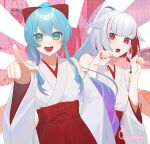 2girls animal_ears bare_shoulders blue_eyes blue_hair braid commission detached_sleeves hakama hakama_skirt highres japanese_clothes looking_at_viewer multicolored_hair nontraditional_miko open_mouth original paw_pose pointing pointing_at_viewer purple_hair red_eyes red_hakama red_nails redhead signature skeb_commission skirt streaked_hair tebamaru two-tone_hair upper_body white_hair