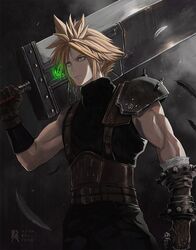  1boy adam_ryu_ford armor artist_name blonde_hair blue_eyes buster_sword closed_mouth cloud_strife commentary earrings final_fantasy final_fantasy_vii final_fantasy_vii_rebirth final_fantasy_vii_remake gloves holding holding_sword holding_weapon huge_weapon jewelry male_focus materia over_shoulder short_hair shoulder_armor single_bare_shoulder sleeveless sleeveless_turtleneck solo spiky_hair stud_earrings suspenders sweater sword toned toned_male turtleneck turtleneck_sweater weapon 