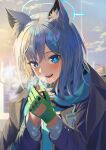 1girl absurdres animal_ear_fluff animal_ears black_jacket blue_archive blue_eyes blue_halo blue_scarf blush chakuma_(yiyh1468) gloves green_gloves grey_hair hair_between_eyes halo highres jacket long_sleeves looking_at_viewer medium_hair open_mouth scarf shiroko_(blue_archive) single_glove smile solo upper_body wolf_ears 