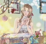  1boy 1girl aerith_gainsborough aerith_gainsborough_(fairy_of_snowfall) aqua_nails bare_shoulders blurry blurry_background breasts brown_hair candy candy_cane christmas christmas_stocking cloud_strife cup dress eni_(yoyogieni) fenrir_(final_fantasy) final_fantasy final_fantasy_vii final_fantasy_vii_ever_crisis final_fantasy_vii_remake food green_eyes hair_ribbon halter_dress halterneck hat highres highwind holding holding_jewelry holding_ring indoors jewelry long_hair looking_at_viewer medium_breasts merchandise multiple_rings nail_polish official_alternate_costume open_mouth own_hands_together parted_bangs red_ribbon ribbon ring santa_hat ship_in_a_bottle sidelocks sweater sweater_dress turtleneck turtleneck_sweater watch watch white_dress 