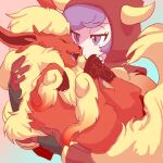  1girl black_gloves closed_eyes colored_skin courtney_(pokemon) cowlick dress fake_horns flareon fluffy gloves holding holding_pokemon hood hooded_vest hoodie horned_headwear horned_hood horns long_sleeves long_tail orange_fur orange_skin pokemon pokemon_(creature) pokemon_oras purple_hair red_dress red_hood satie swept_bangs tail team_magma vest violet_eyes yellow_fur 