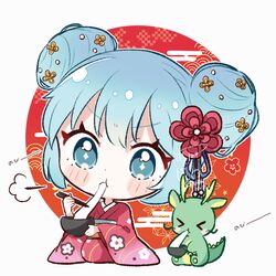  &gt;_&lt; 1girl aobahosino blue_eyes blue_hair blush blush_stickers bowl chibi chinese_zodiac chopsticks double_bun dragon eating food hair_bun hair_ornament hatsune_miku highres holding holding_bowl japanese_clothes kanzashi kimono long_sleeves mochi mochi_trail new_year puff_of_air seiza sitting solo v-shaped_eyebrows vocaloid wide_sleeves year_of_the_dragon 