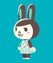  animal_crossing animal_ears aqua_background barefoot blush_stickers buck_teeth carmen_(animal_crossing) dress kopa_nishikida looking_at_viewer rabbit rabbit_ears rabbit_tail simple_background solo tail teeth 