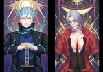  black_gloves blue_eyes coat dante_(devil_may_cry) devil_may_cry_(series) devil_may_cry_5 fingerless_gloves gloves holding holding_weapon jacket long_hair looking_at_viewer male_focus multiple_boys rebellion_(sword) smile sword vergil_(devil_may_cry) weapon white_hair yamato_(sword) 