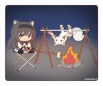  1girl 1other akemi_homura animal_ears black_hair campfire cat_ears cat_tail chibi fire food kyubey long_hair magical_girl mahou_shoujo_madoka_magica mahou_shoujo_madoka_magica_(anime) marshmallow restrained sitting tail violet_eyes yuno385 