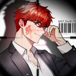  1boy barcode black_jacket blush closed_mouth collared_shirt facepaint grey_eyes gt_dune hand_on_own_face jacket long_sleeves looking_at_viewer male_focus one_eye_closed original redhead shadow shirt short_hair smile solo suit twitter_username upper_body white_shirt 