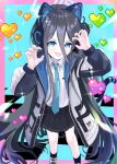  1girl absurdly_long_hair absurdres animal_ear_headphones animal_ears aris_(blue_archive) black_hair black_skirt black_socks blue_archive blue_eyes blue_necktie blush collared_shirt fake_animal_ears from_above green_halo halo headphones heart highres jacket long_hair long_sleeves looking_at_viewer necktie open_clothes open_jacket open_mouth pleated_skirt shirt skirt smile socks solo thomason366 very_long_hair white_jacket white_shirt 