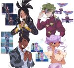  2boys 2girls awlba black_hair black_jacket black_track_suit brassius_(pokemon) buzz_cut closed_eyes cross_scar dark-skinned_female dark-skinned_male dark_skin dendra_(pokemon) eyelashes eyeshadow facial_hair fingerless_gloves gloves goatee green_hair grin highres holding holding_poke_ball jacket long_hair long_sleeves makeup multiple_boys multiple_girls no_eyebrows poke_ball poke_ball_(basic) pokemon pokemon_sv purple_eyeshadow purple_hair purple_lips reference_inset salvatore_(pokemon) scar scar_on_face scar_on_forehead short_hair sleeves_past_elbows smile track_jacket tulip_(pokemon) turtleneck turtleneck_jacket very_short_hair yellow_gloves 