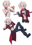 1boy angellyuna belt_bra blood blood_from_mouth blue_eyes coat crossover dante_(devil_may_cry) devil_may_cry_(series) devil_may_cry_3 fingerless_gloves food gloves highres holding holding_food holding_pizza jacket long_hair looking_at_viewer male_focus non-web_source panty_&amp;_stocking_with_garterbelt pizza red_coat smile solo sword weapon white_hair yamato_(sword) 