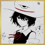  1other 21scorpii androgynous artist_name black_coat black_eyes black_hair bow bowtie closed_mouth coat collar collarbone collared_shirt detached_sleeves enraku_tsubakura expressionless eye_of_senri hat ink_splatter len&#039;en looking_at_viewer monochrome other_focus red_bow red_bowtie ribbon-trimmed_coat ribbon_trim shirt short_hair signature sleeveless sleeveless_coat sleeveless_shirt solo spot_color top_hat traditional_media white_collar white_sleeves wide_sleeves 