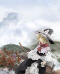  1girl apron black_headwear black_skirt black_vest blonde_hair bow broom broom_riding clouds commentary_request frilled_apron frilled_hat frills hat hat_bow highres kaigen_1025 kirisame_marisa long_sleeves medium_hair outdoors petticoat shirt sitting skirt solo touhou vest waist_apron white_apron white_bow white_shirt witch_hat yellow_eyes 