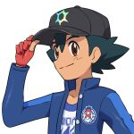  1boy ash_ketchum black_headwear blue_jacket brown_eyes buttons closed_mouth commentary_request gloves hand_on_headwear hat highres jacket logo male_focus open_clothes open_jacket partially_fingerless_gloves pokemoa pokemon pokemon_(anime) pokemon_journeys red_gloves shirt short_hair simple_background smile solo split_mouth upper_body white_background white_shirt 