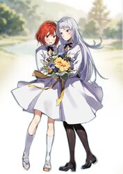  2girls absurdres black_footwear black_pantyhose blue_flower blurry blurry_background blush bouquet brown_eyes closed_mouth commentary_request depth_of_field dress flower green_eyes grey_hair hair_between_eyes hatori_chise highres holding holding_bouquet lamb_(hitsujiniku) loafers long_hair long_sleeves mahou_tsukai_no_yome multiple_girls pantyhose philomela_sargant puffy_long_sleeves puffy_sleeves redhead shoes smile socks very_long_hair white_dress white_footwear white_socks yellow_flower yuri 