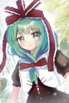  1girl bow dutch_angle frilled_bow frilled_ribbon frills front_ponytail green_eyes green_hair hair_bow hair_ribbon highres kagiyama_hina looking_at_viewer nature nene_man outdoors puffy_short_sleeves puffy_sleeves red_bow red_ribbon ribbon short_sleeves solo touhou upper_body 