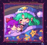  1girl bed_sheet blue_headwear border comet_summoner98 commission english_text fumo_(doll) green_hair hakurei_reimu hakurei_reimu_(pc-98) hat mima_(touhou) nightcap pixel_art purple_border purple_hair sleeping super_mario_bros. super_star_(mario) touhou touhou_(pc-98) under_covers violet_eyes 