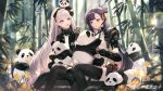  2girls ak-alfa_(girls&#039;_frontline) animal animal_on_head armor bamboo bamboo_forest black_hair black_pantyhose black_thighhighs earrings flower forest girls&#039;_frontline_2:_exilium girls_frontline hair_ornament highres holding holding_animal jewelry long_hair multiple_girls nature on_head open_mouth orange_eyes panda pantyhose parted_lips qbz-191_(girls&#039;_frontline) senryoko shoulder_armor single_earring sitting smile thigh-highs weibo_username white_hair 