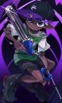  1boy absurdres baseball_cap black_eyes black_footwear black_shorts closed_mouth commentary dark-skinned_male dark_skin e-liter_4k_(splatoon) full_body glint green_shirt gun hat high_tops highres holding holding_gun holding_weapon inkling inkling_boy payayo884 pointy_ears purple_background purple_hair shirt shoes short_hair shorts sneakers solo splatoon_(series) splatoon_3 symbol-only_commentary weapon white_shirt 