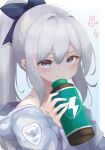  1girl anger_vein blue_archive blush bottle closed_mouth commentary english_commentary grey_hair grey_hoodie hair_between_eyes highres holding holding_bottle hood hood_down hoodie long_hair long_sleeves looking_at_viewer miyako_(blue_archive) ponytail rikotch07 solo upper_body violet_eyes 